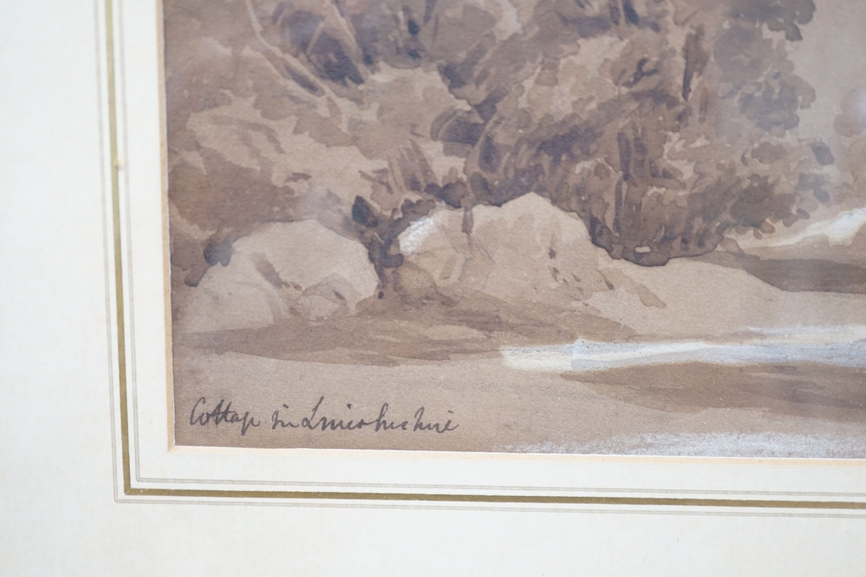Sixth Earl of Essex (1803-1892), Tree lined landscape with farmhouse and figures, pencil and sepia wash, inscribed, 14 x 21.5cm